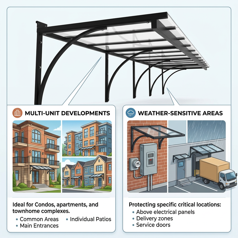 Carport structure with applications for multi-unit developments and weather-sensitive areas.