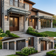 Modern house with stone facade, wooden doors, and a well-maintained garden.