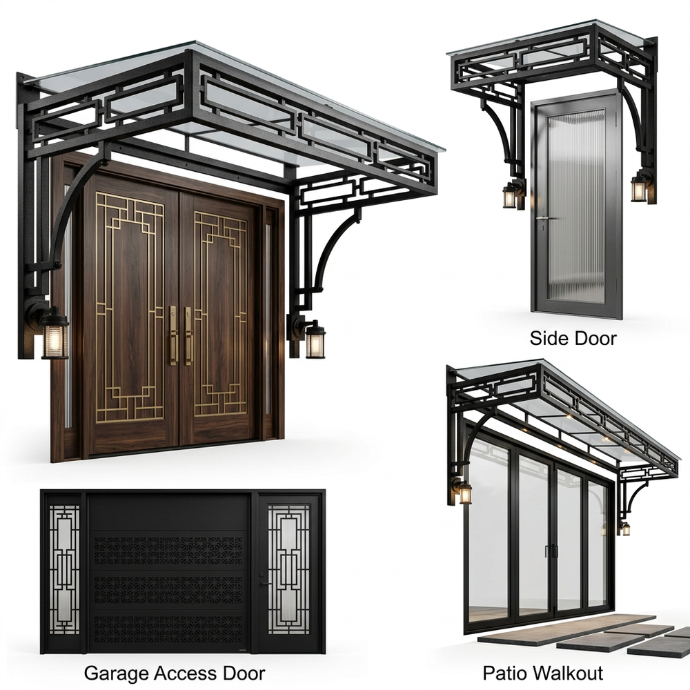 Collage of architectural elements including a main door, side door, garage access door, and patio walkout.