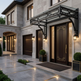 Luxurious house entrance with a decorative canopy and well-maintained garden.