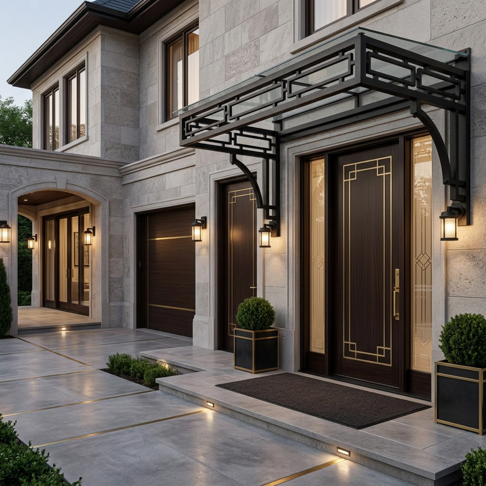 Luxurious house entrance with a decorative canopy and well-maintained garden.