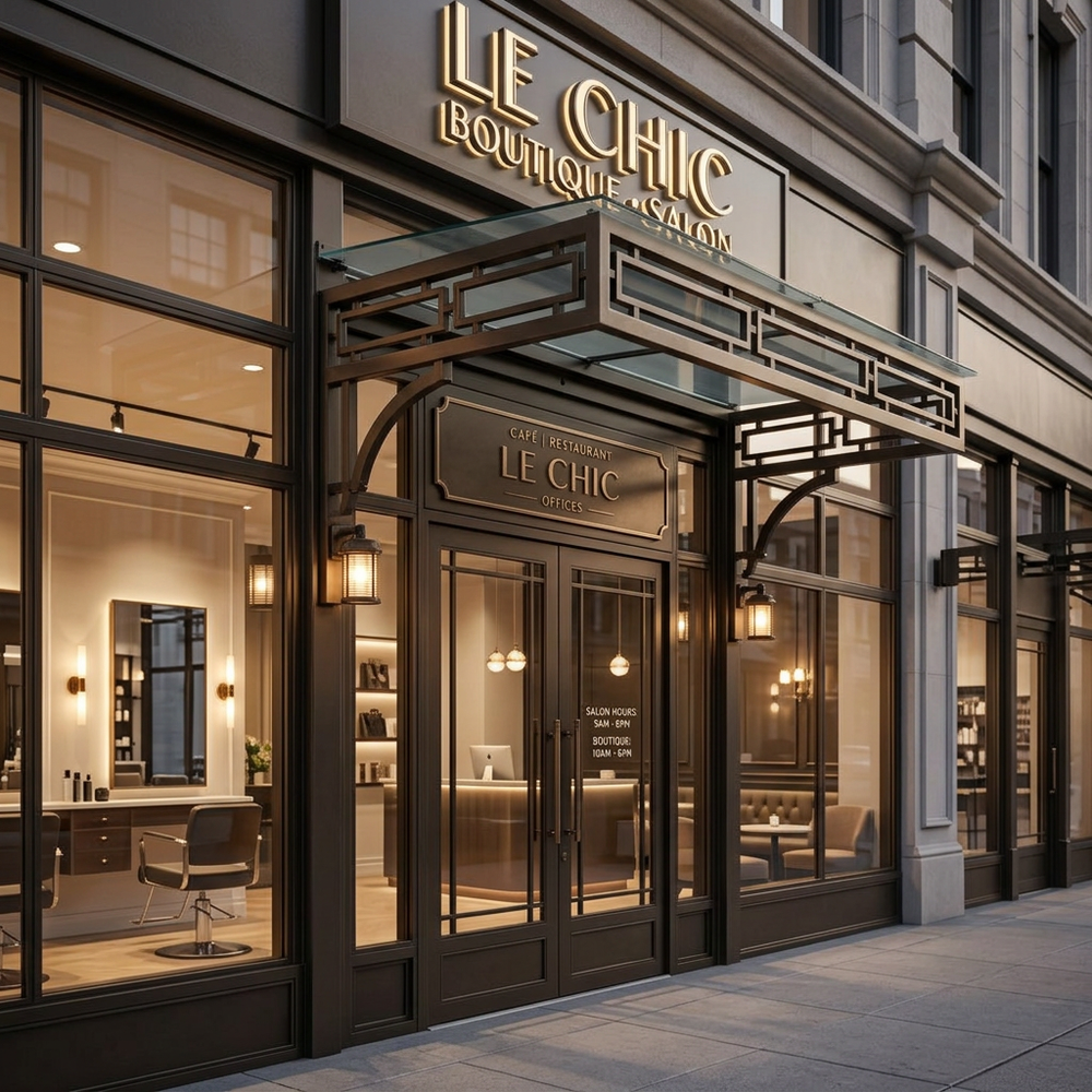 Le Chic Boutique exterior with glass doors and interior visible
