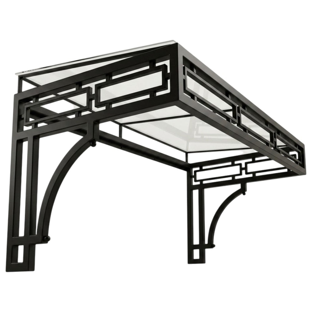 Black metal canopy structure on a white background