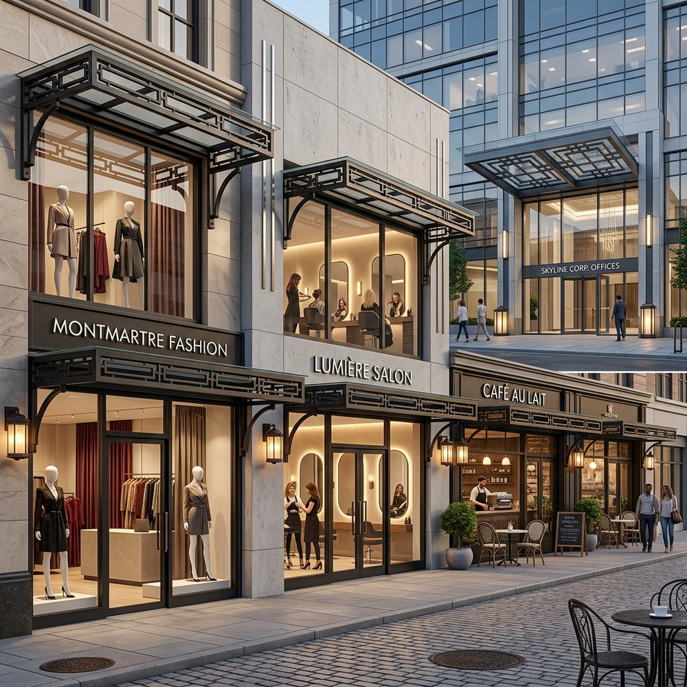 Commercial building with Montmartre Fashion, Lumiere Salon, and Cafe Allat storefronts.