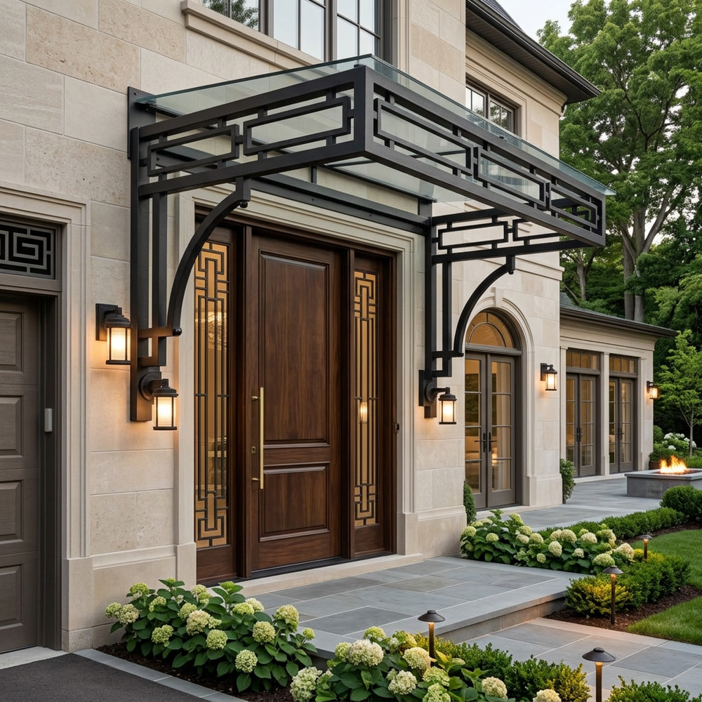 Luxurious home entrance with a wooden door and decorative canopy.