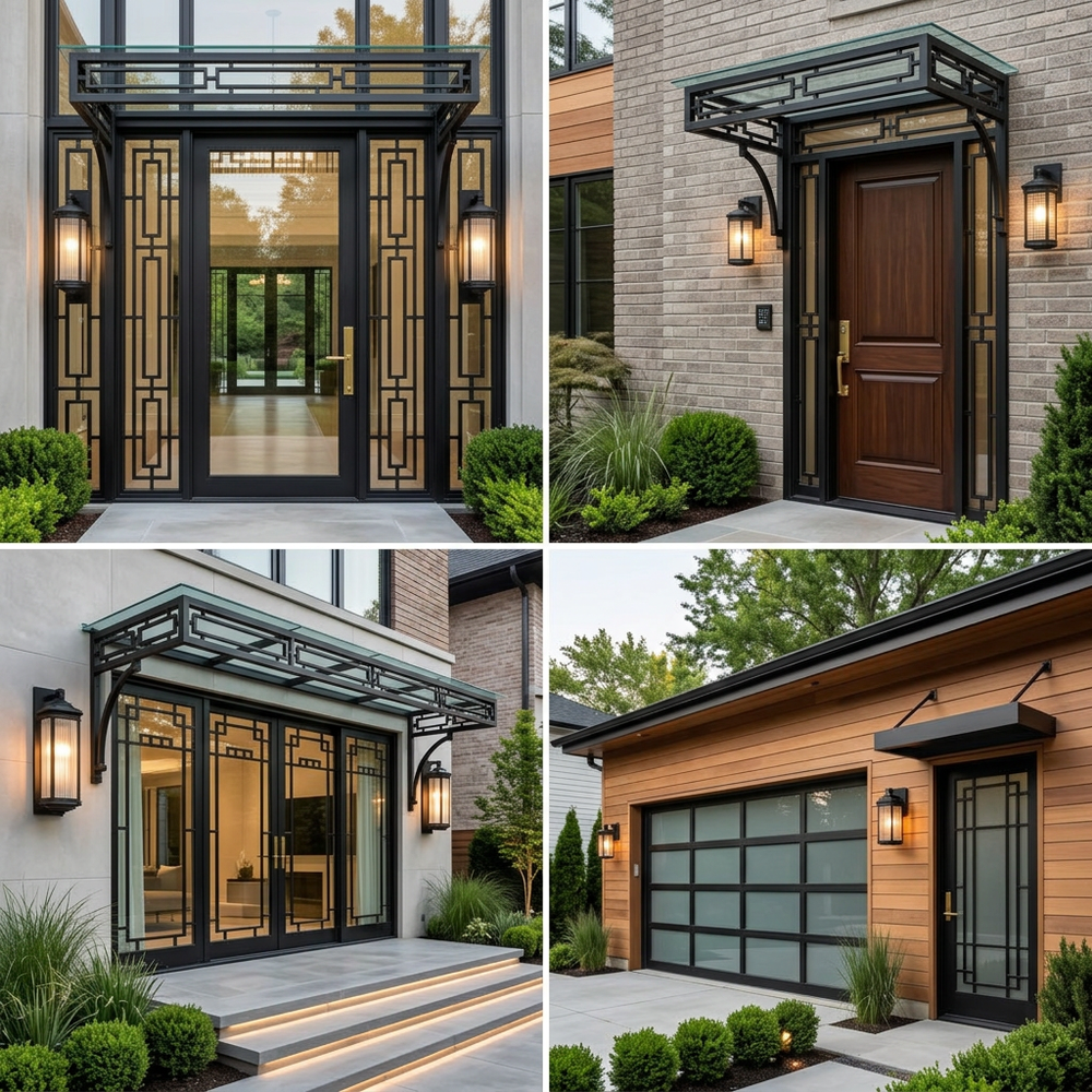Collage of four different exterior door designs with decorative canopies and lighting.