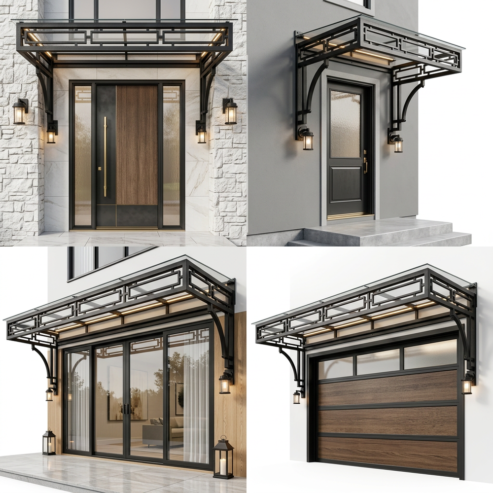 Collage of exterior doorways with decorative canopies and lighting fixtures.