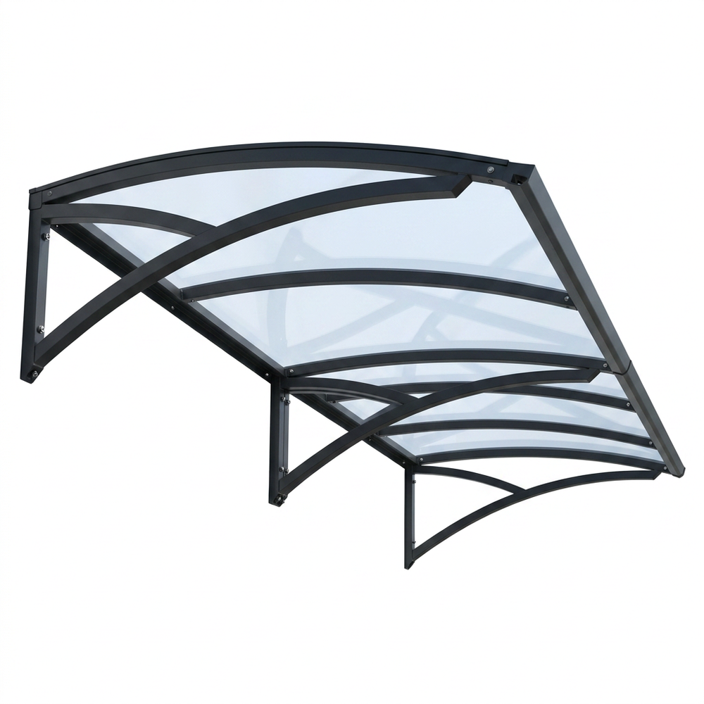 Clear glass awning with black metal frame on a white background