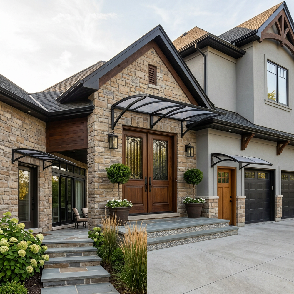 Stately house with stone facade, wooden doors, and decorative elements.