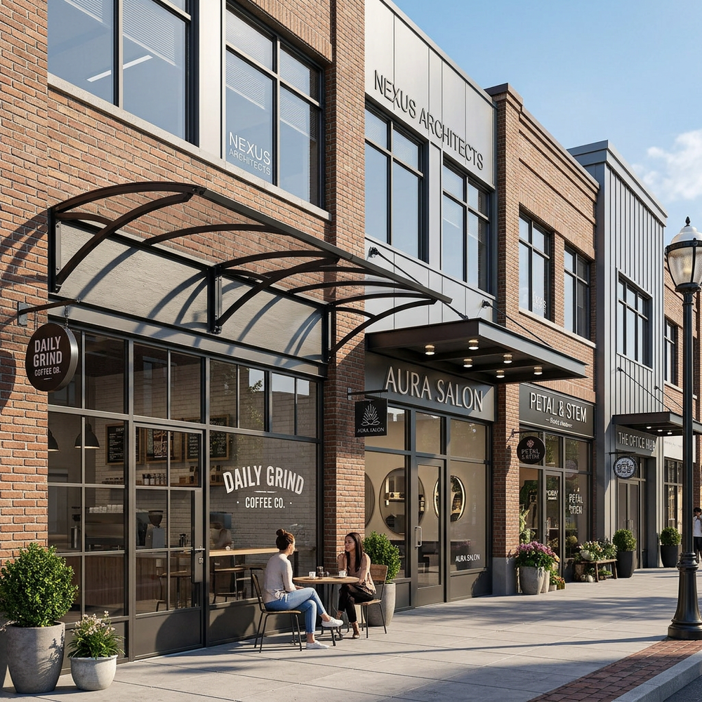 Street view of a commercial area with various businesses including 'Daily Grind Coffee Co.' and 'Aura Salon'.