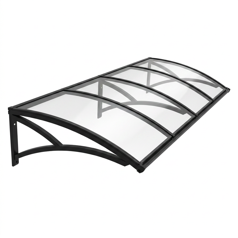 Glass canopy with black metal frame on a white background