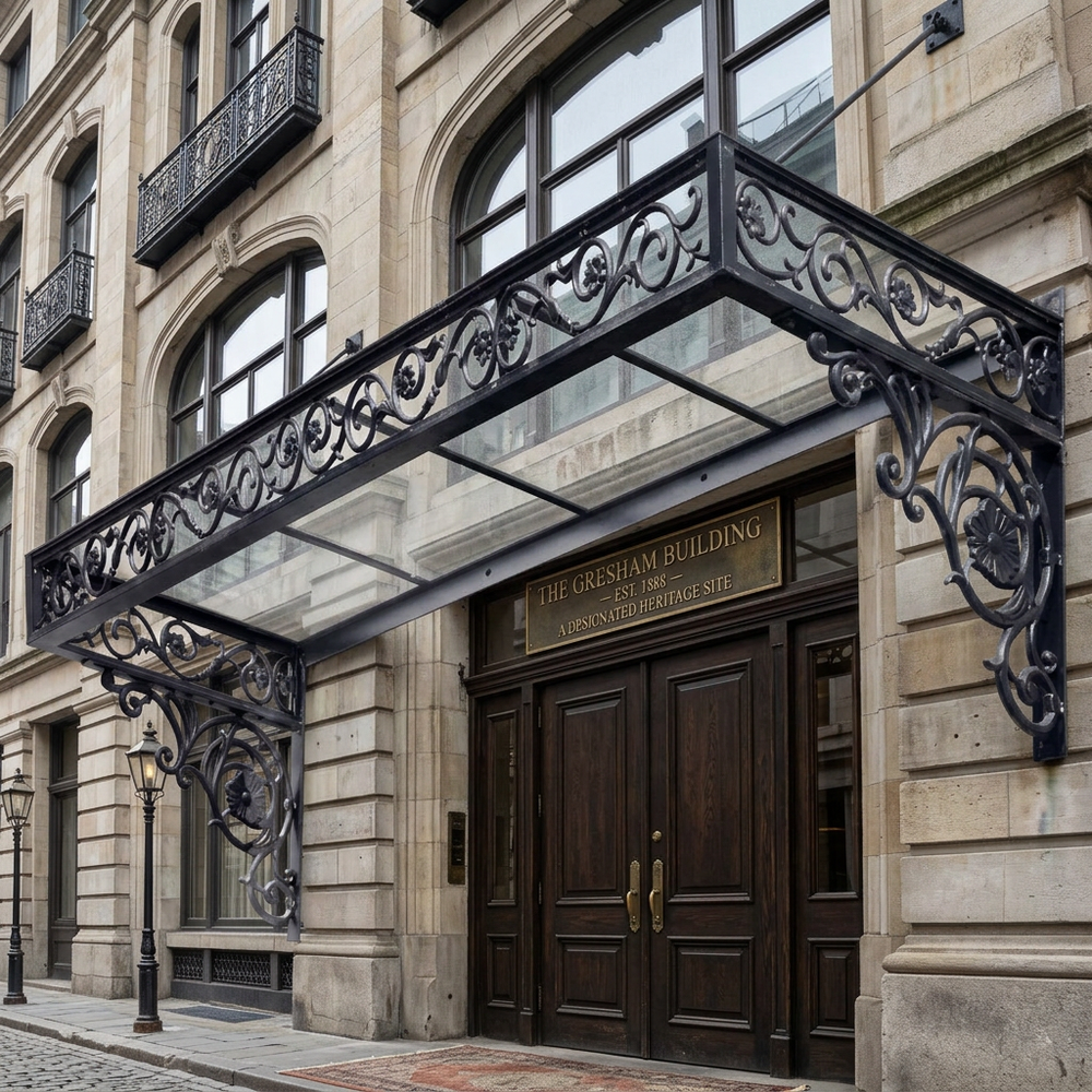Decorative canopy over a building entrance with 'The Gresham Building' sign.