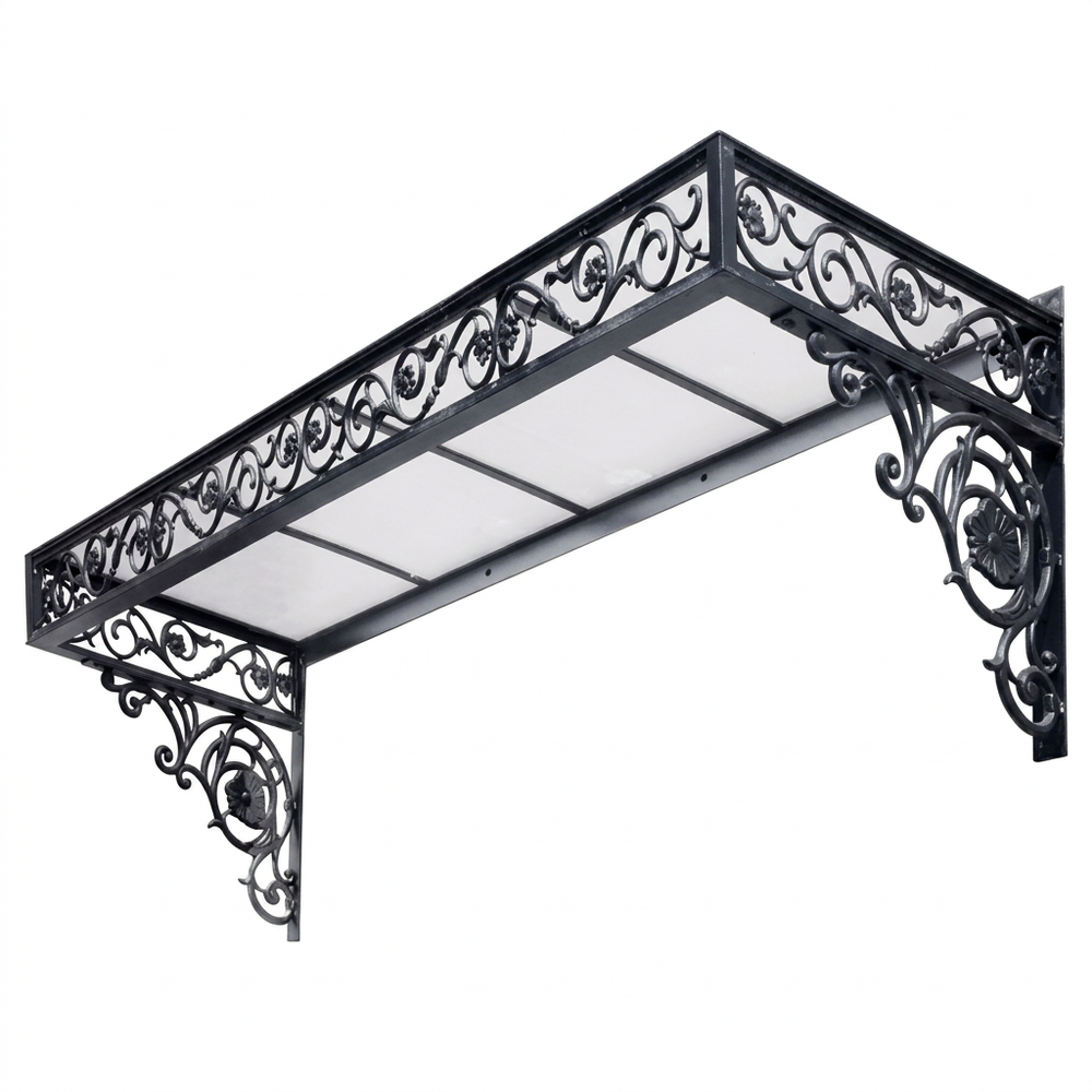 Decorative metal canopy with intricate designs on a white background