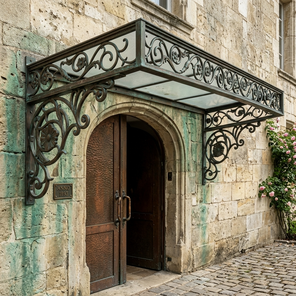 Decorative metal canopy over a stone archway with a wooden door.
