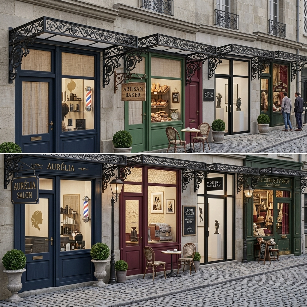 Collage of three images showing storefronts with decorative awnings and window displays.