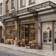 Street view of a quaint town with a bakery, cafe, and salon.