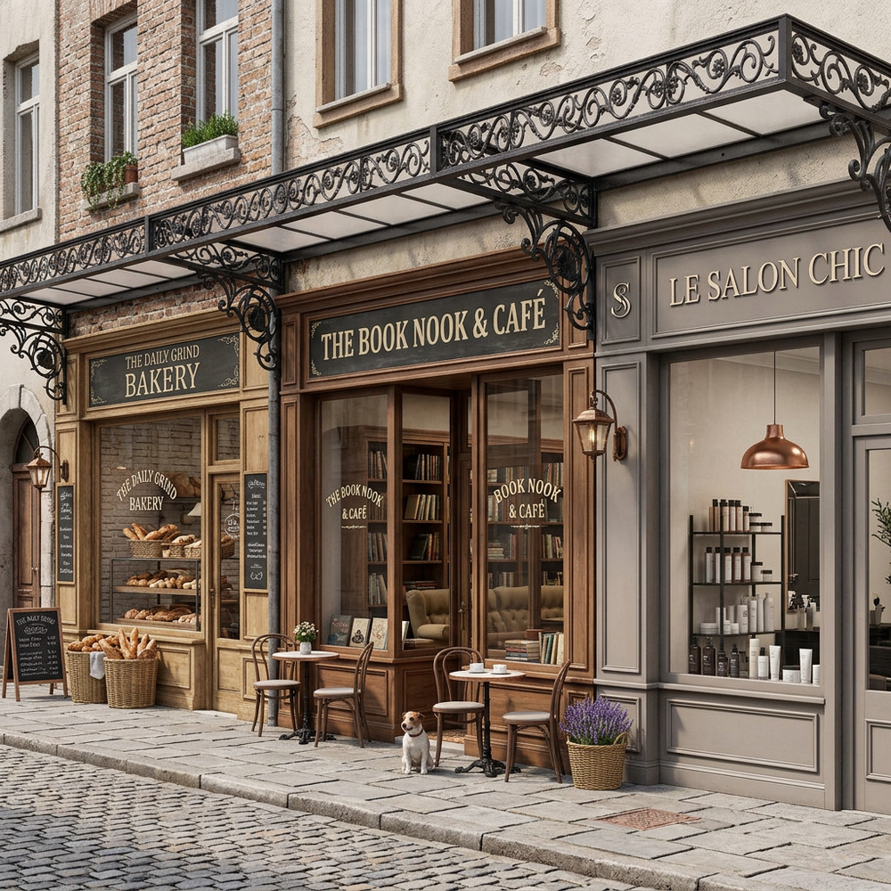 Street view of a quaint town with a bakery, cafe, and salon.