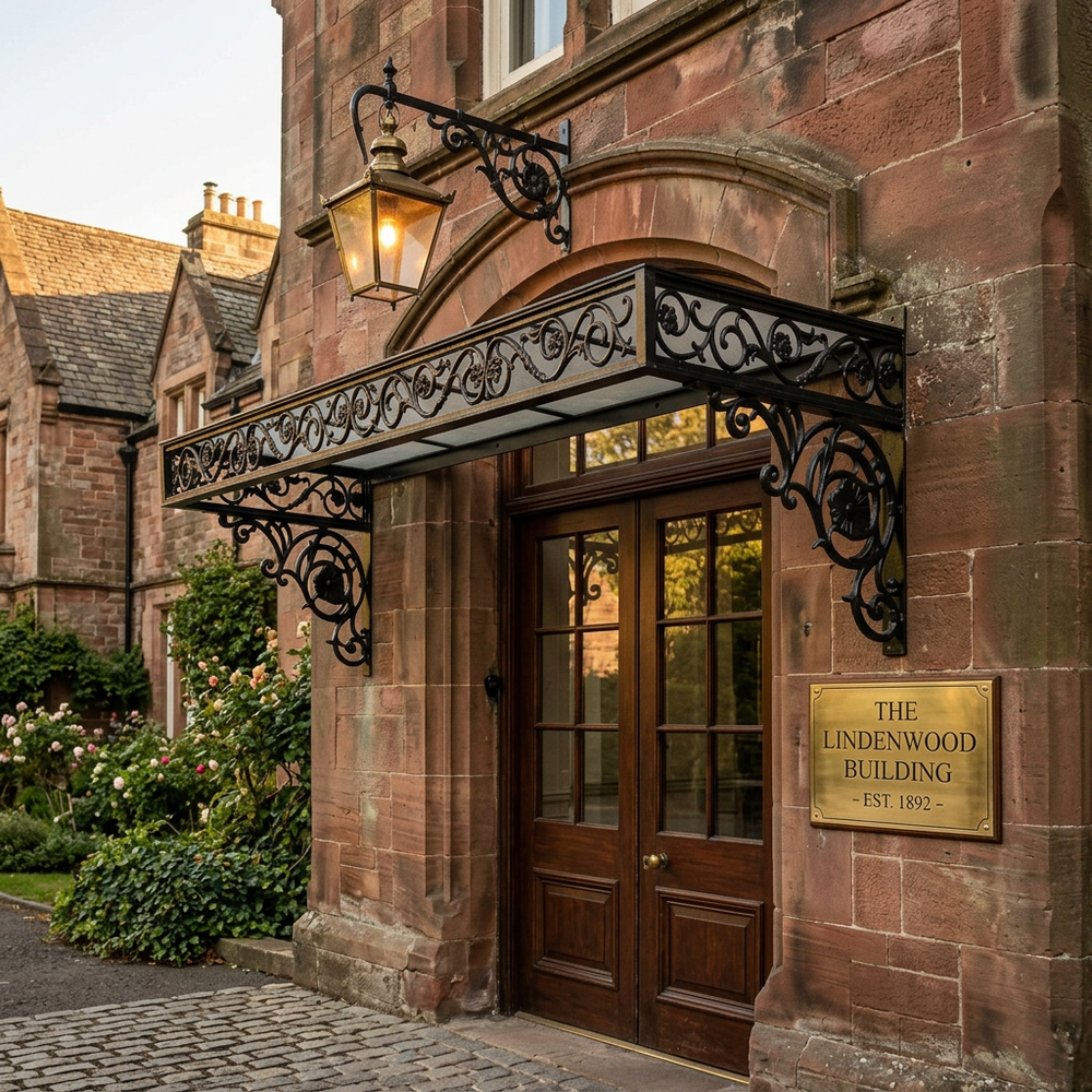 Entrance to The Lindenwood Building with decorative awning and sign.