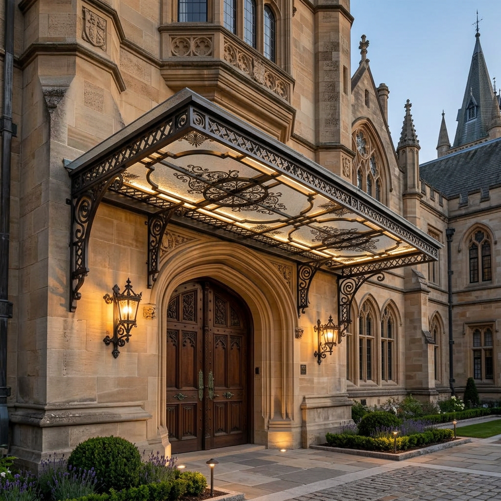 Elaborate entrance of a historic building with decorative canopy and ornate architecture.