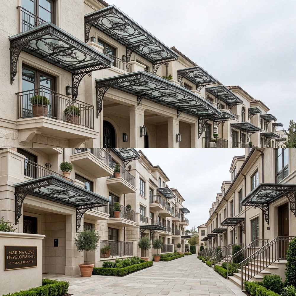 Row of townhouses with decorative canopies and well-maintained gardens.