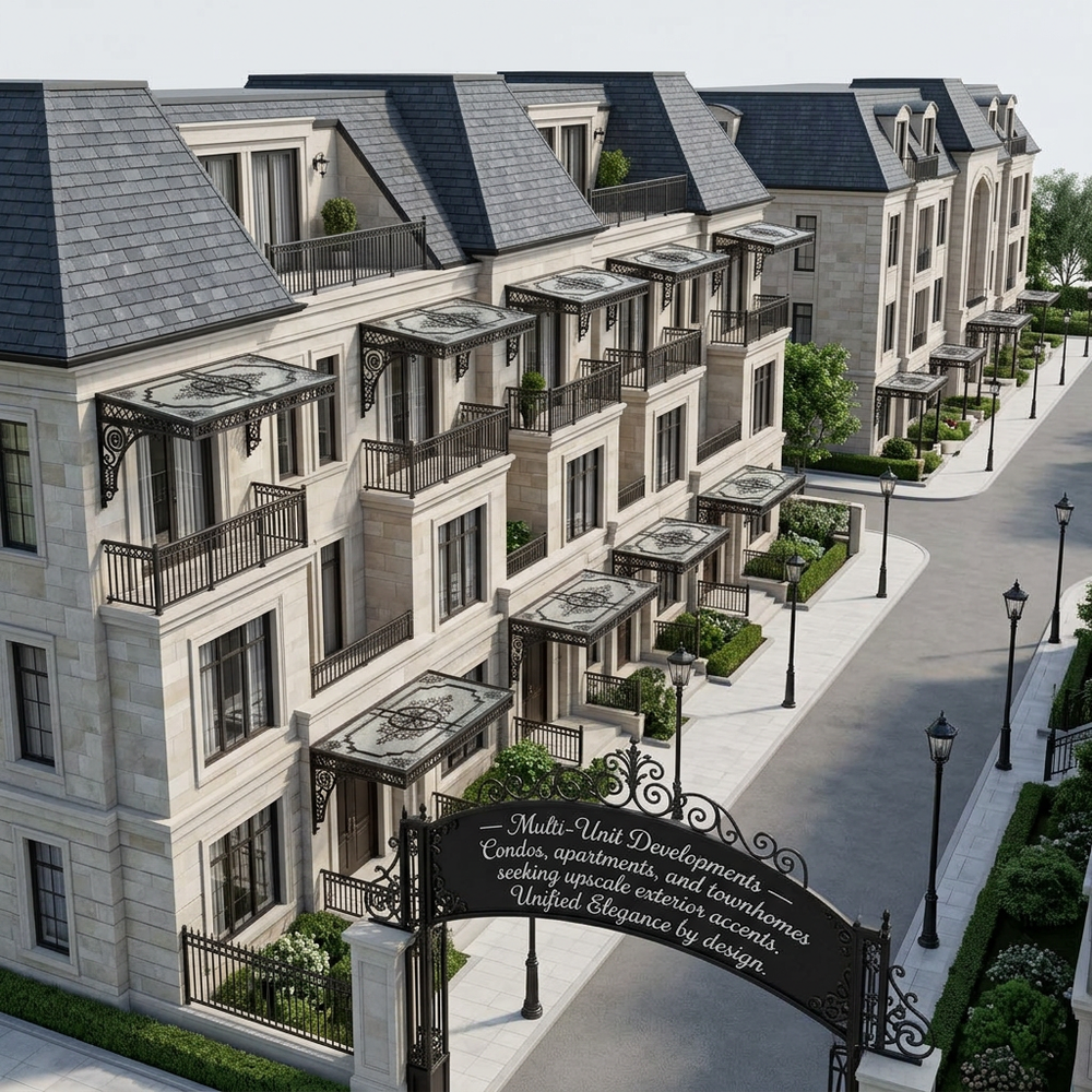 Rendered image of a multi-unit residential development with balconies and a sign.