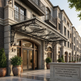 Elegant building entrance with decorative canopy and potted plants