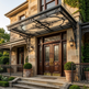 Luxurious mansion entrance with ornate black metal canopy and wooden doors.