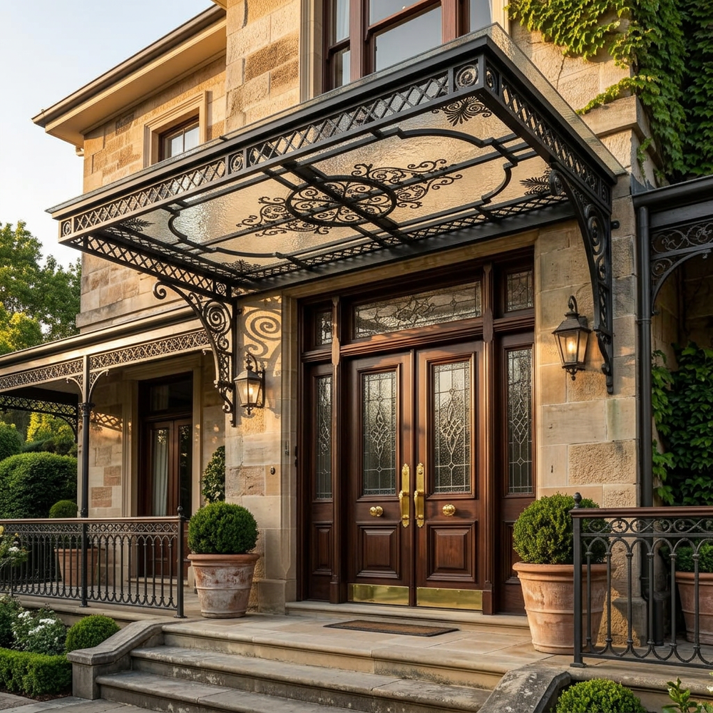 Luxurious mansion entrance with ornate black metal canopy and wooden doors.