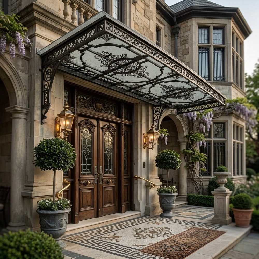 Elaborate entrance to a mansion with decorative awning and ornate door.