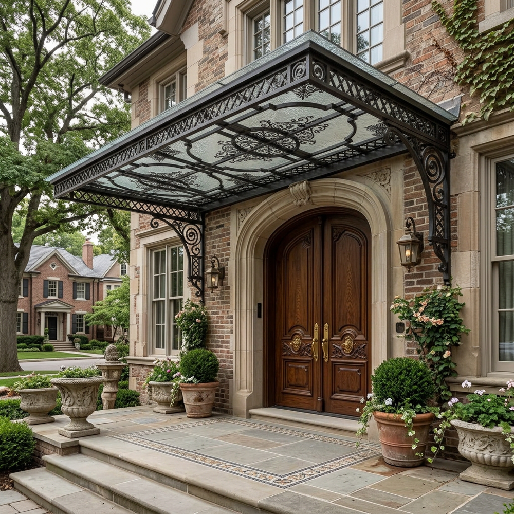 Elegant house entrance with decorative canopy and potted plants
