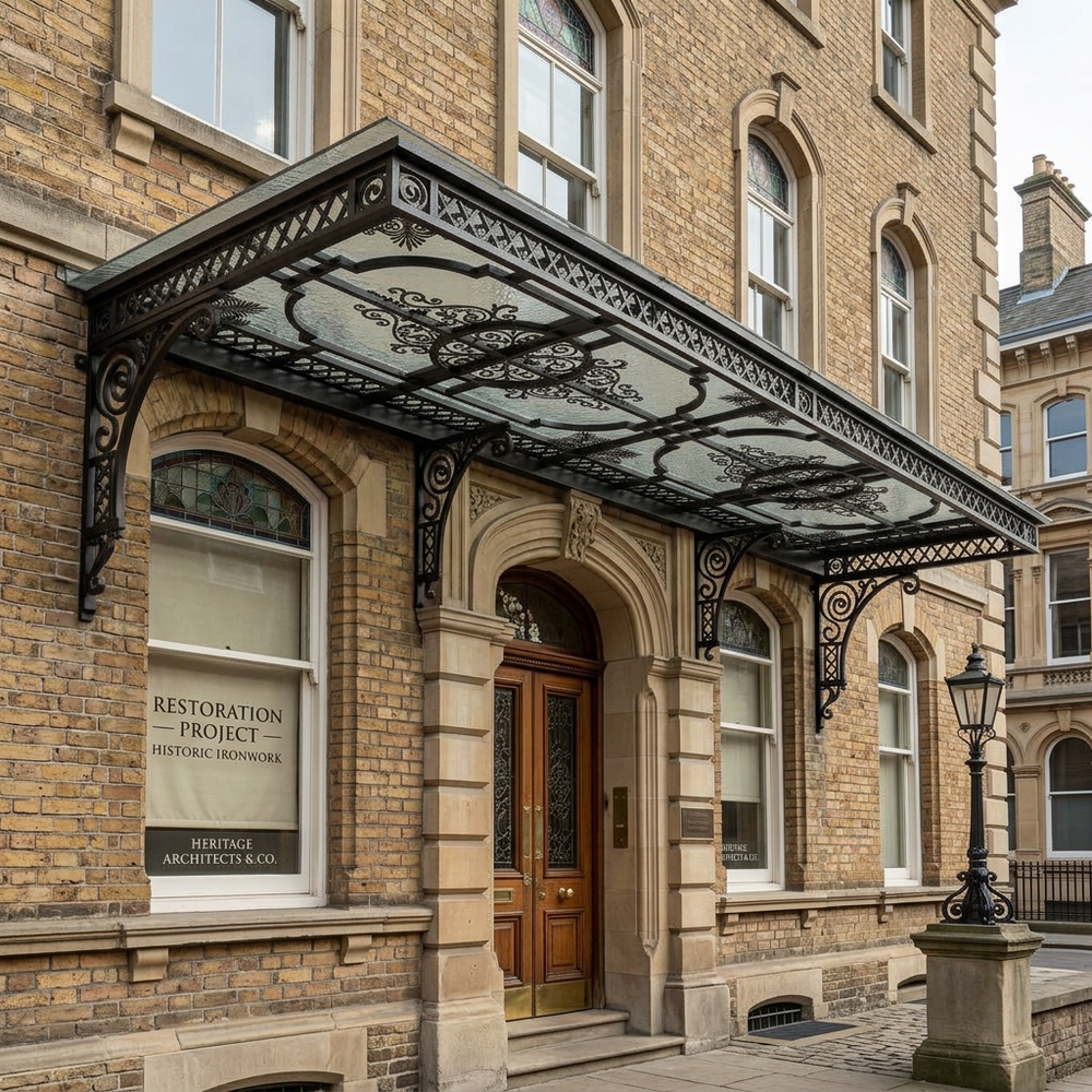 Brick building with decorative canopy and glass panels