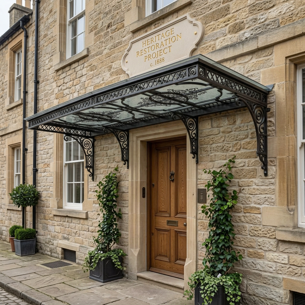 Stone building with decorative metal canopy and wooden door, featuring 'Heritage Restoration Project' sign.