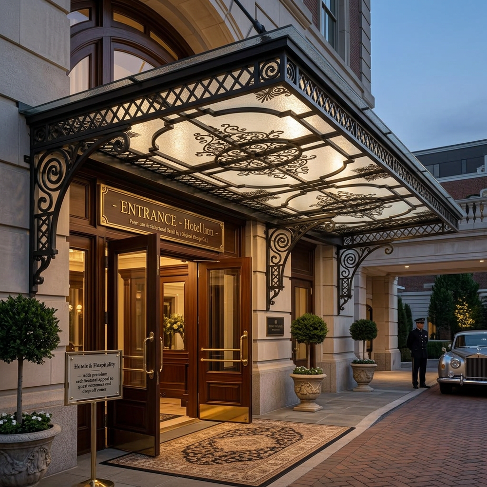 Luxury hotel entrance with decorative canopy and classical architecture