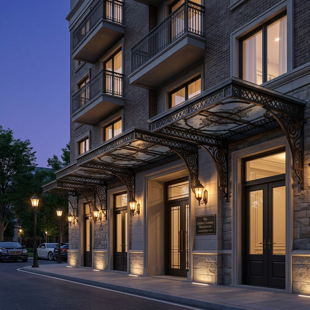Elegant building entrance with decorative canopy at dusk