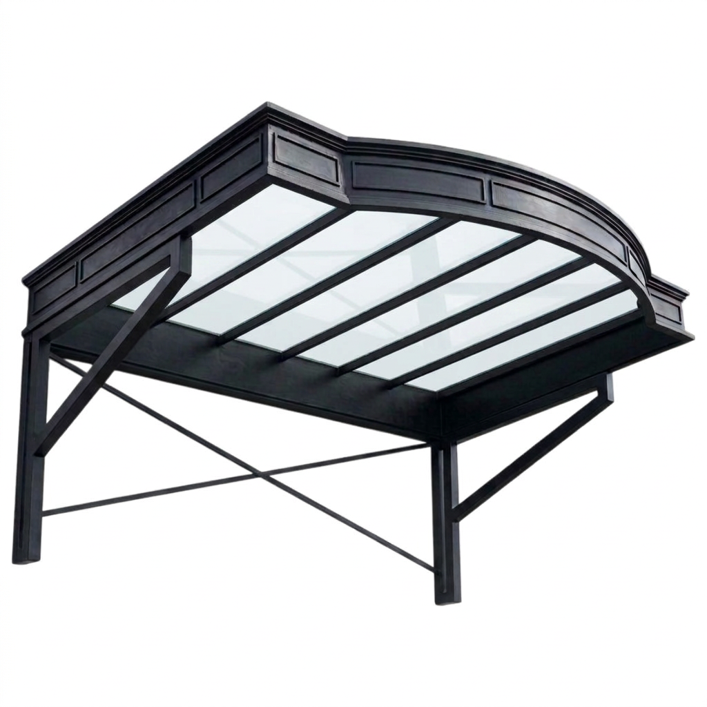 Black metal canopy structure on a white background