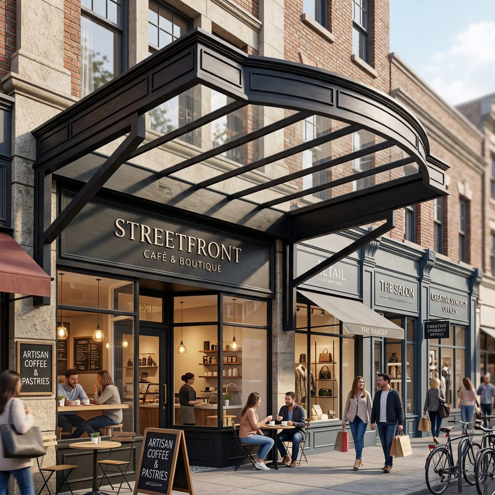 Streetfront Cafe & Boutique with people dining and walking on a city street.