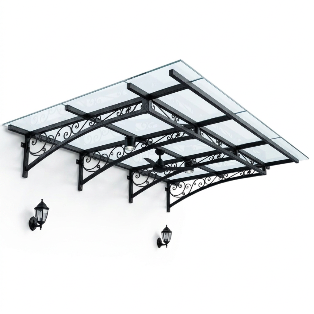 Decorative Steel & Glass Outdoor Canopy with Integrated Ceiling Fan – Luxury Architectural Door Cover  Made in Canada - Model # WA898