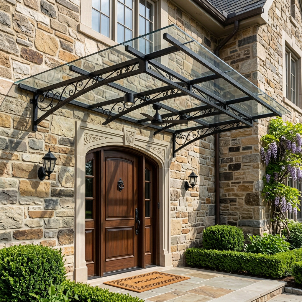 A modern glass canopy with black wrought-iron scrollwork brackets mounted over a stone entryway with a wooden front door, sidelight walls, and landscaped shrubs.