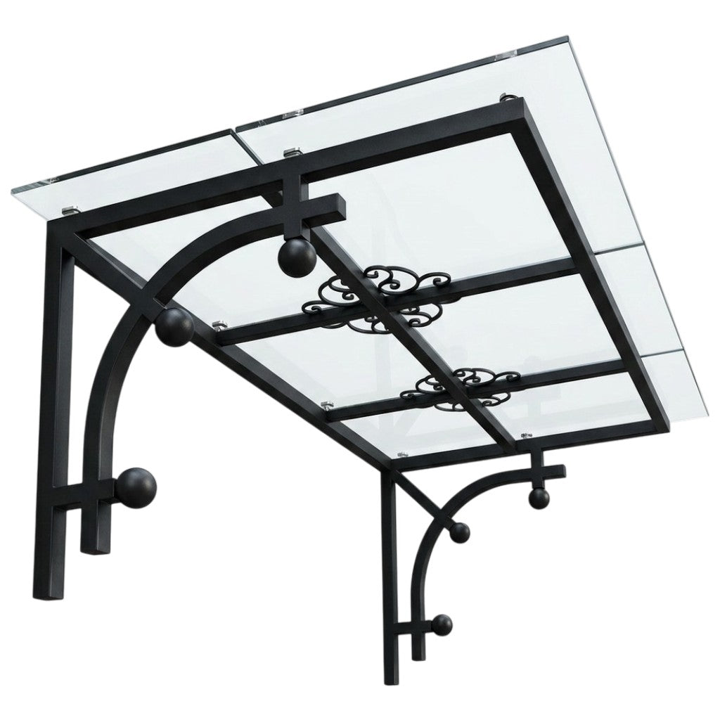 Decorative steel and glass awning with curved brackets installed above exterior doorway.