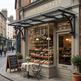 Wall‑mounted steel awning with tempered glass panels and decorative bracket design.