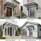 Modern glass canopy featuring ornamental steel scrollwork and spherical accent joints.