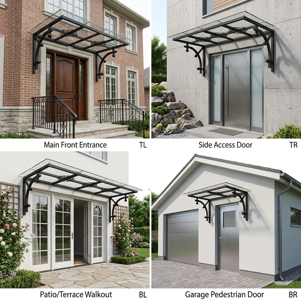 Modern glass canopy featuring ornamental steel scrollwork and spherical accent joints.
