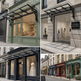 Architectural glass awning providing weather protection with decorative steel detailing.