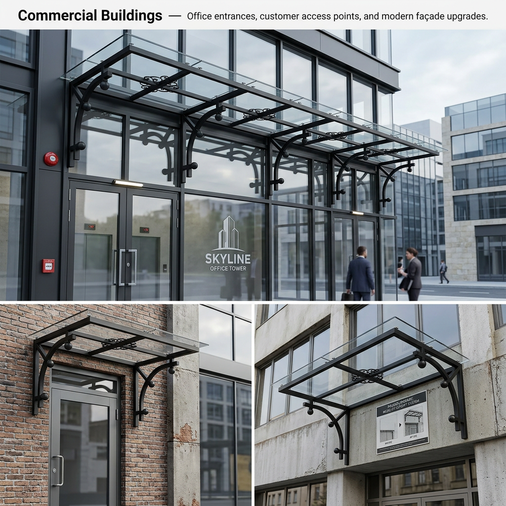 Ornamental steel and glass awning designed for residential or commercial entrances.