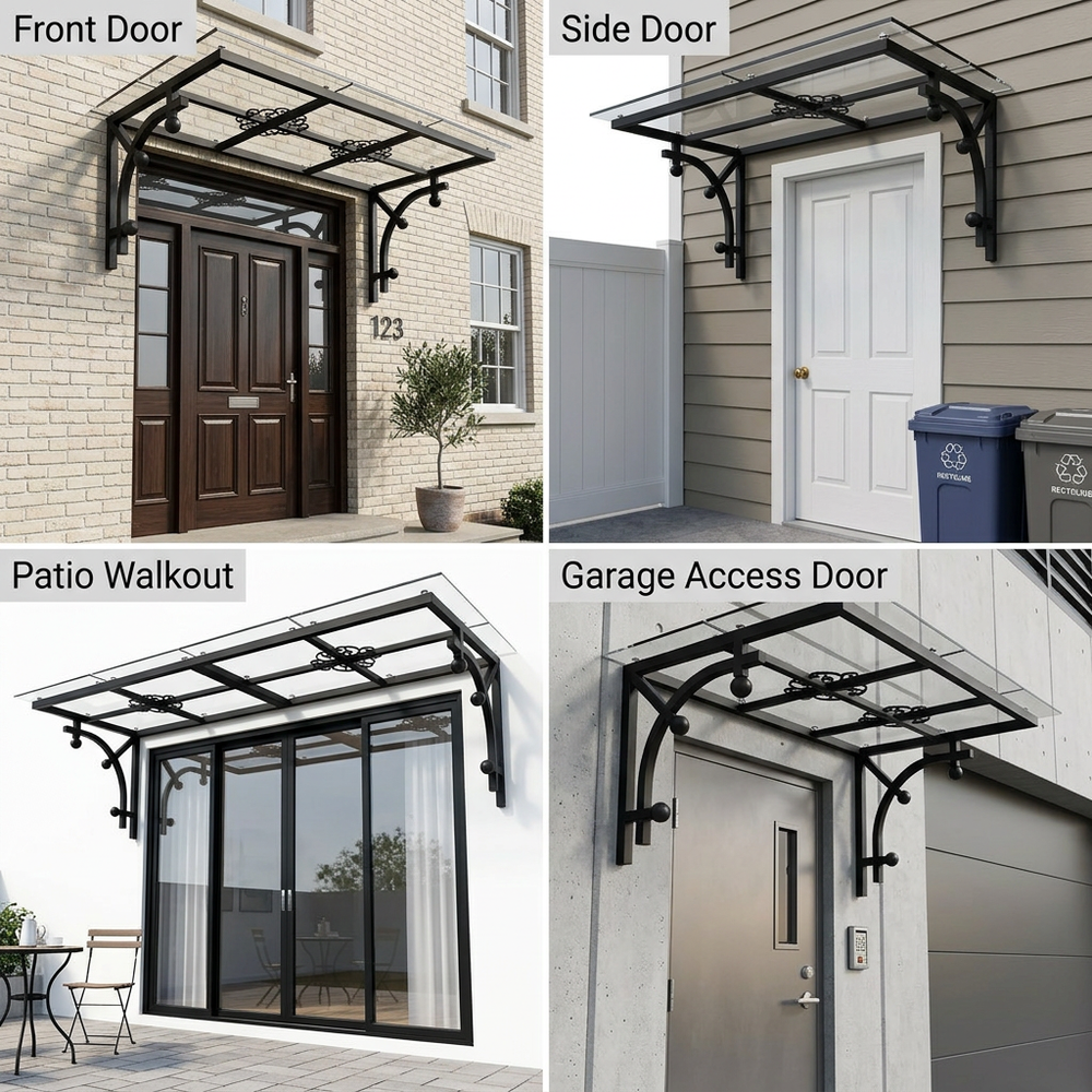 Modern decorative canopy with curved steel supports and clear glass roof.