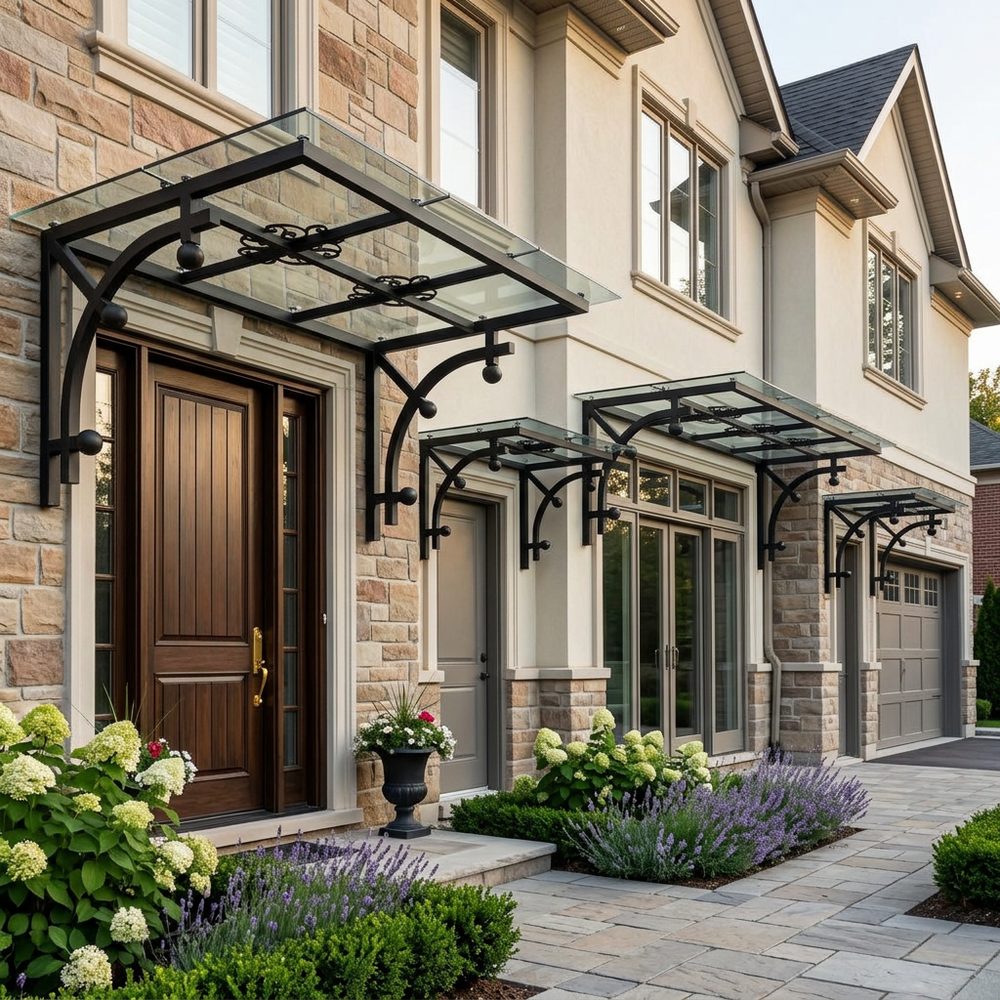 Premium steel and glass awning offering shade and architectural enhancement.