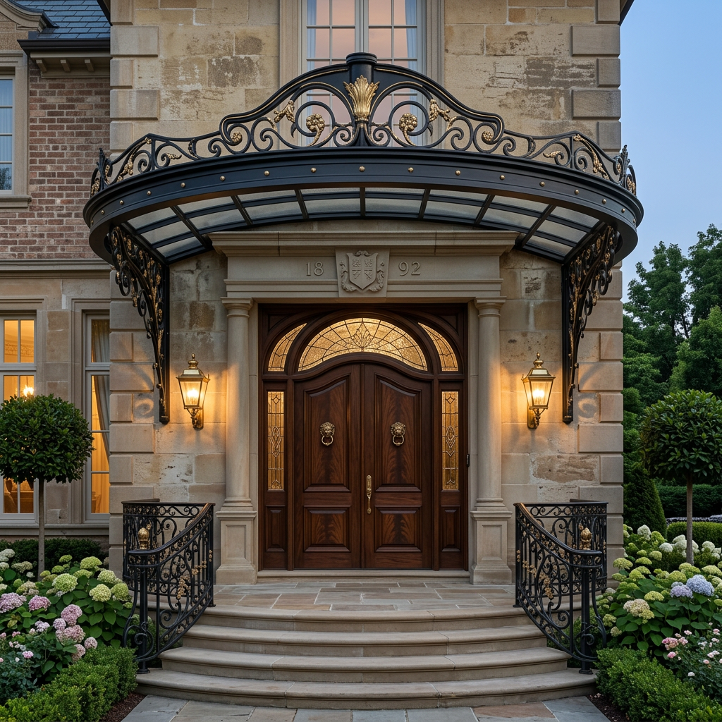 An elegant stone building entrance with a large arched wooden door under a decorative black wrought-iron canopy, flanked by lit wall sconces and landscaped flowers at the base.
