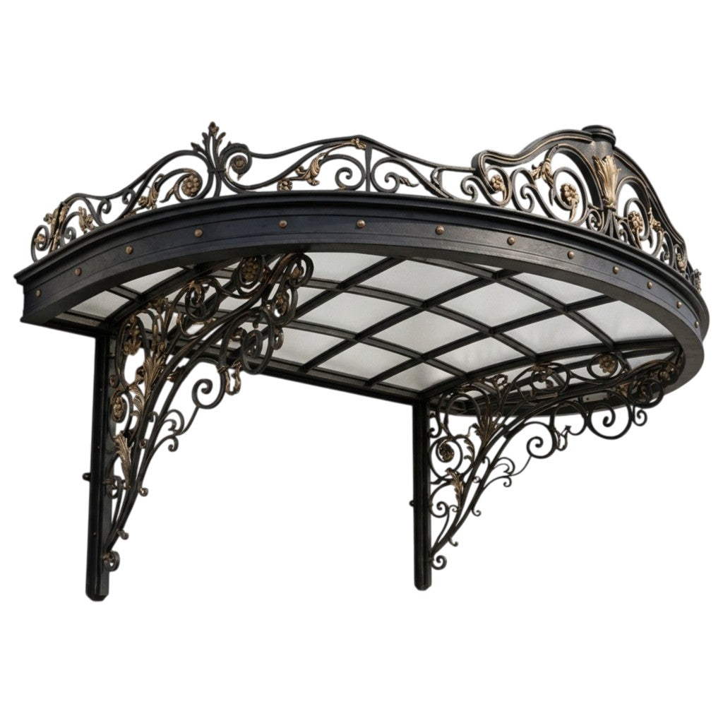 Ornate Wrought Iron & Translucent Panel Outdoor Canopy – Luxury Decorative Entrance Cover Made in Canada - Model # WA900