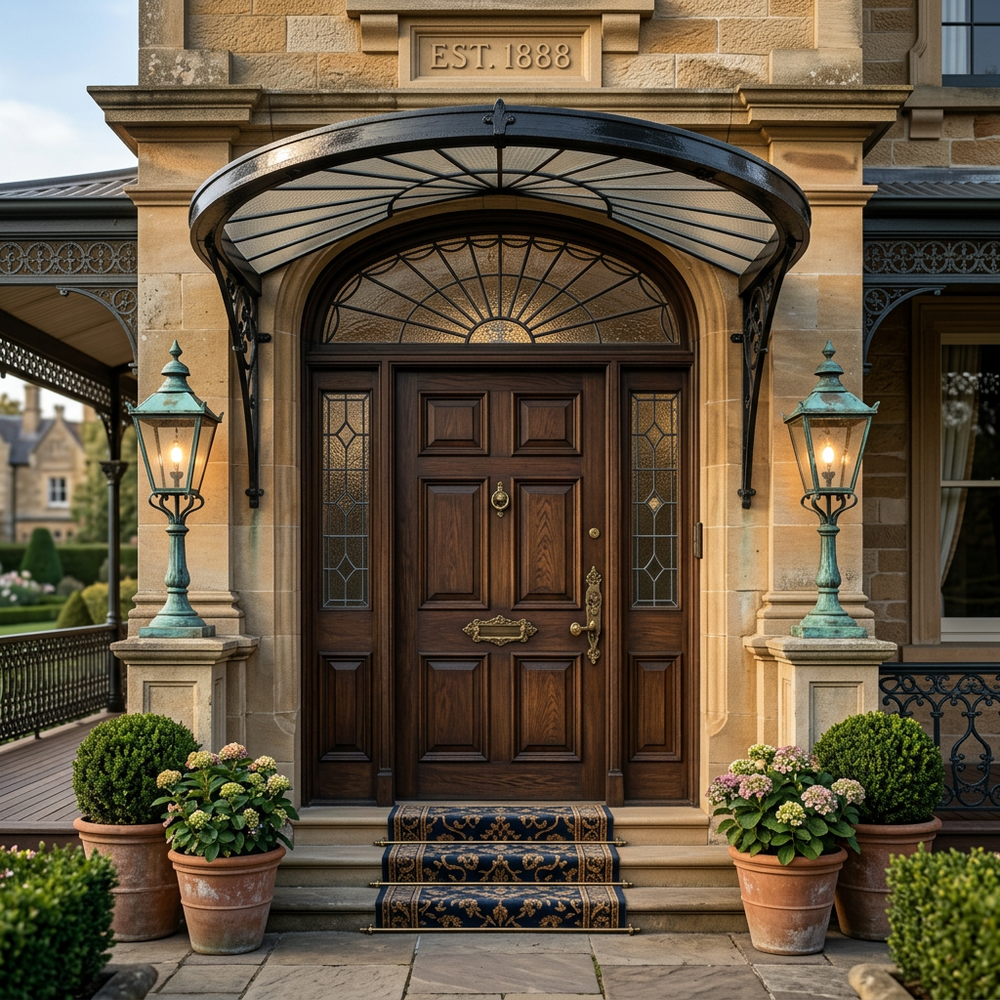 Fan‑pattern wrought iron canopy providing weather protection and decorative appeal.