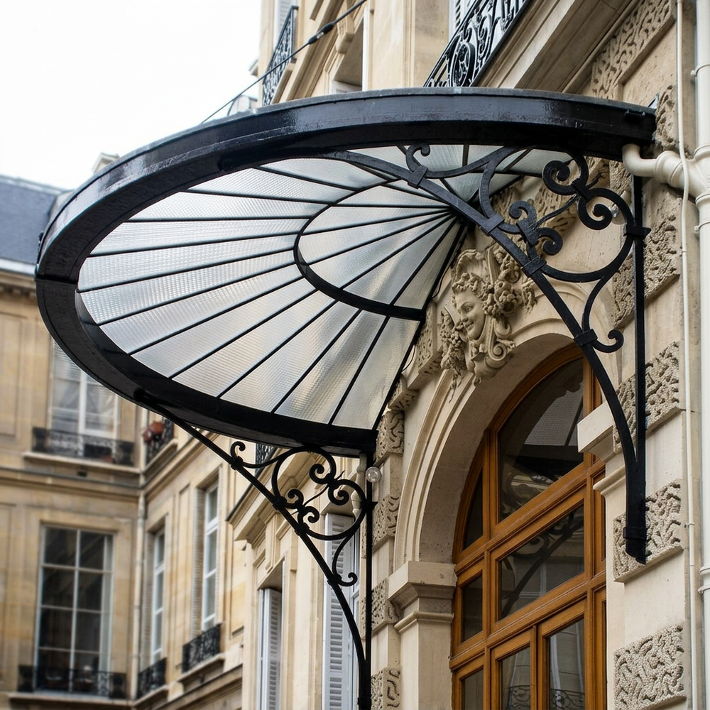 Semi‑circular fan‑style wrought iron canopy with glass roof above entrance.
